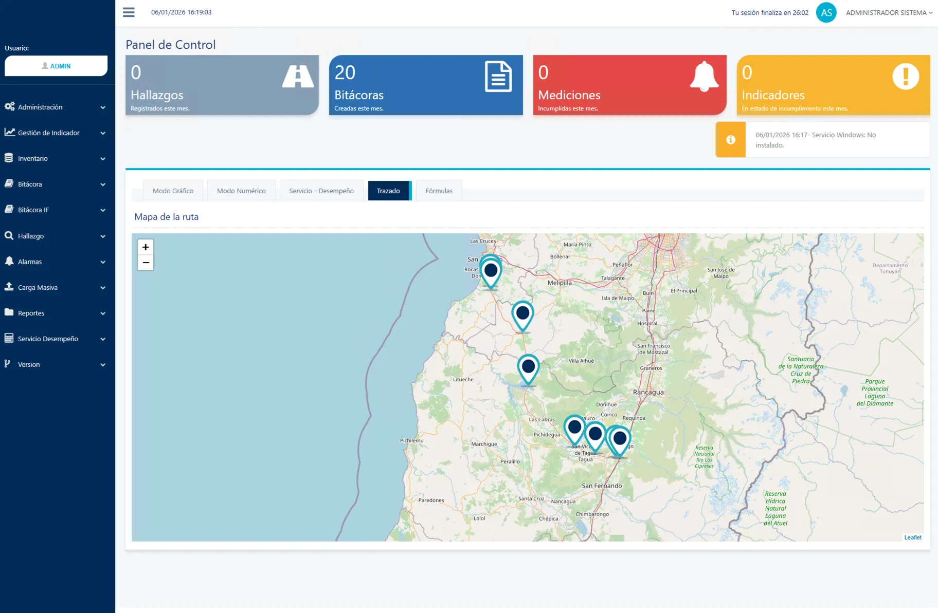 Panel de control de SIC-NS con indicadores de hallazgos, bitácoras y mediciones, y el mapa del trazado de la ruta